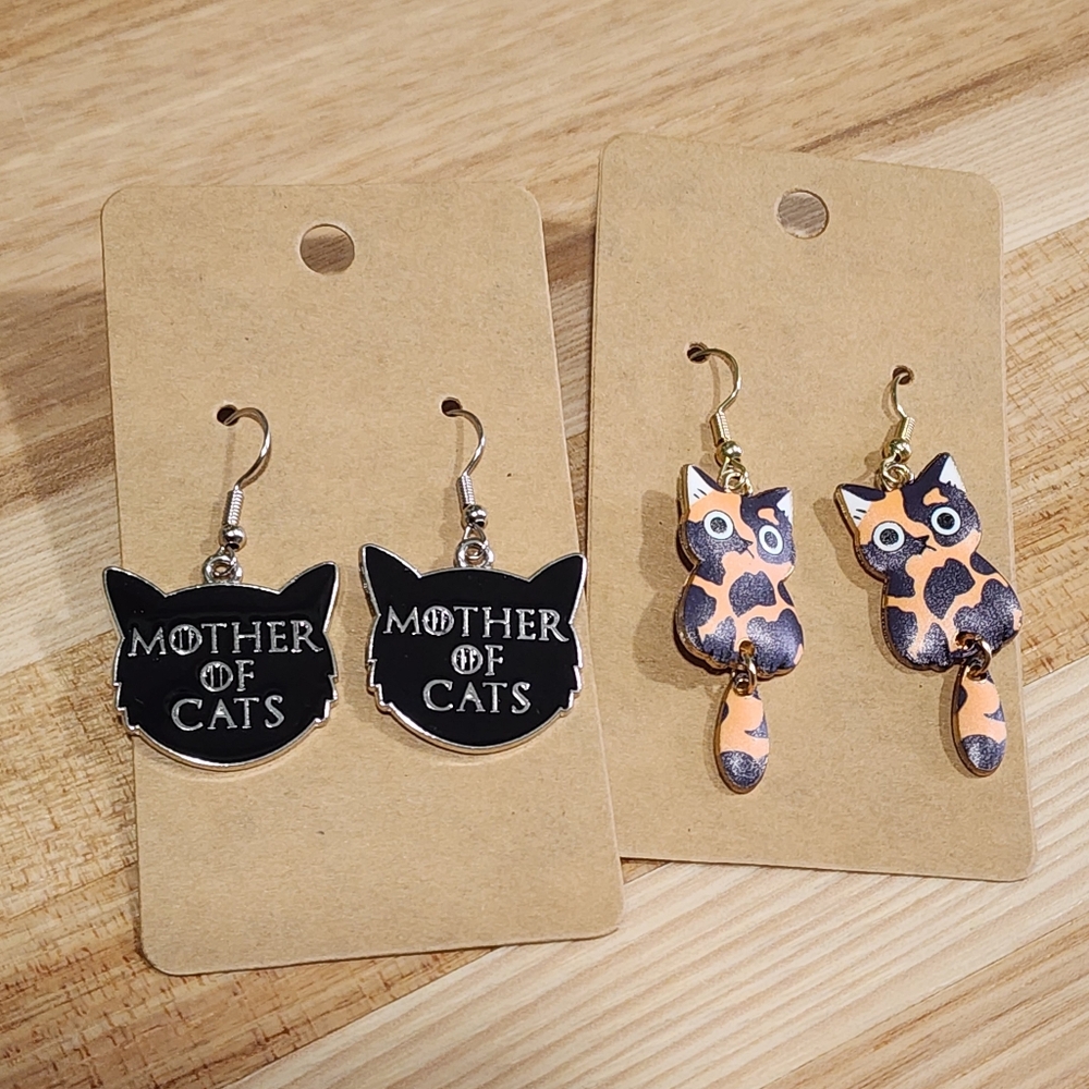 Handmade Mother Of Cats & Dangly Tail Black And Tan Calico Cat Set Of Earrings